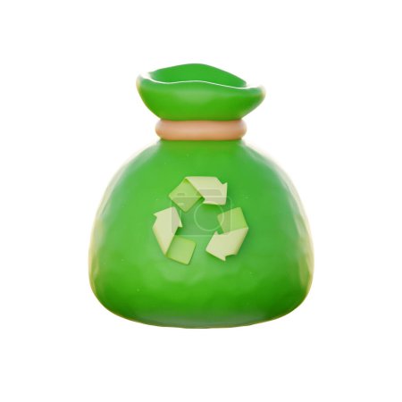Téléchargez les photos : Sac vert 3d avec symbole de recyclage. Journée mondiale de l'environnement, Eco friendly, dessin animé, rendu 3D. - en image libre de droit