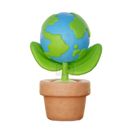 Foto de Mundo 3d globo con planta. guardar el planeta y la energía, respetuoso del medio ambiente, estilo de dibujos animados, 3d renderizado. - Imagen libre de derechos