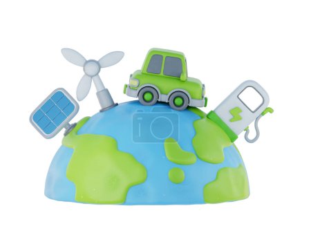 Foto de Mundo 3d globo con coche eléctrico, panel solar y aerogeneradores, Energía Alternativa Ambiental, estilo de dibujos animados, 3d rendering. - Imagen libre de derechos