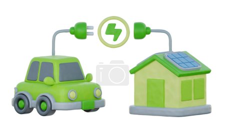 3d Grünes Elektroauto und Ökohaus mit Sonnenkollektoren, Clean Energy, Environmental Alternative Energy, Cartoon-Stil, 3D-Rendering