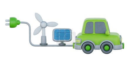 Foto de Coche eléctrico 3d con panel solar y aerogeneradores, Energía alternativa ambiental, estilo de dibujos animados, renderizado 3d. - Imagen libre de derechos