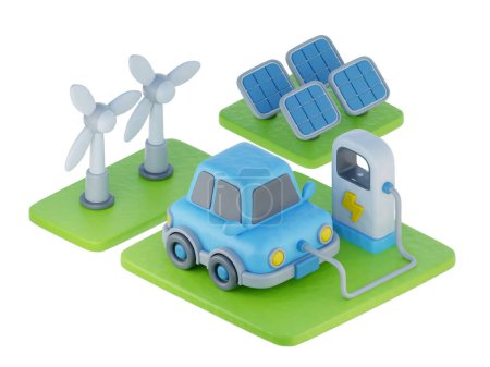 Téléchargez les photos : 3d Electric car with charger stand, solar panel and wind turbines, Environmental Alternative Energy, cartoon style, 3d rendering. - en image libre de droit