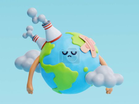 Téléchargez les photos : 3D mignon personnage de bande dessinée de la terre, Journée mondiale de l'environnement, sauver la planète et l'énergie, respectueux de l'environnement, rendu 3D - en image libre de droit