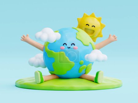 Foto de 3D lindo personaje de dibujos animados tierra, día mundial del medio ambiente, ahorrar planeta y energía, respetuoso del medio ambiente, 3d renderizado - Imagen libre de derechos