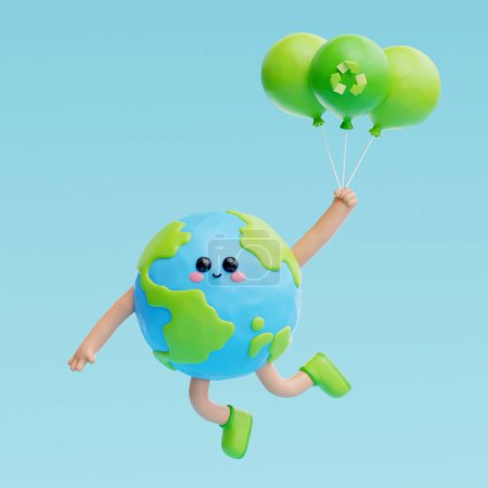 Photo for 3D cute earth cartoon character, world Environment day, save planet and energy, eco friendly, 3d rendering - Royalty Free Image