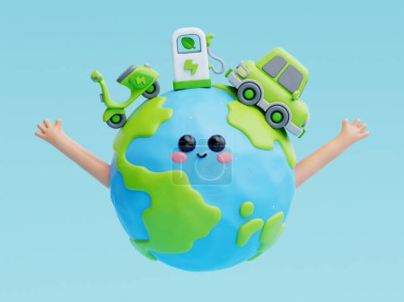 Téléchargez les photos : 3D mignon personnage de bande dessinée de la terre, Journée mondiale de l'environnement, sauver la planète et l'énergie, respectueux de l'environnement, rendu 3D - en image libre de droit