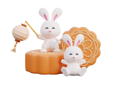 Téléchargez les photos : Joyeuse fête de mi-automne avec lapin mignon et gâteau de lune, célébrations traditionnelles en Asie, rendu 3D - en image libre de droit