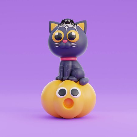 Foto de 3D lindo personaje de dibujos animados gato negro de Halloween, truco o fiesta de tratar, vacaciones de octubre, 3d renderizado - Imagen libre de derechos