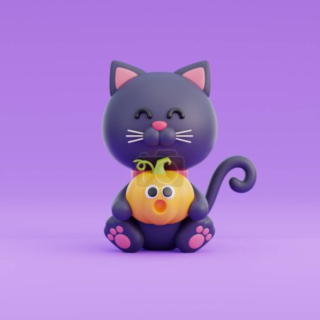 Photo for 3D cute Halloween black cat cartoon character, trick or treat party, october holiday, 3d rendering - Royalty Free Image