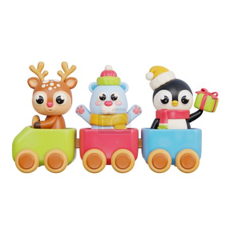Téléchargez les photos : Train de jouets de Noël 3D avec des animaux mignons, Joyeux Noël et bonne année, rendu 3d - en image libre de droit