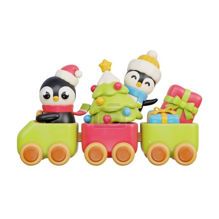 Foto de Tren de juguete de Navidad 3D con pingüino y regalos, Feliz Navidad y feliz año nuevo, 3d rendering - Imagen libre de derechos