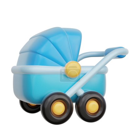 Foto de 3D Blue Baby Stroller, el género del bebé revela, es un niño, fiesta de cumpleaños, representación 3d. - Imagen libre de derechos