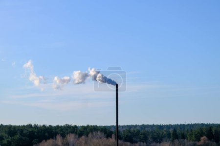 Foto de Una chimenea de fábrica humeante. Montón de humo metálico alto del incinerador Gruesas nubes de humo blanco contra el cielo azul - Imagen libre de derechos
