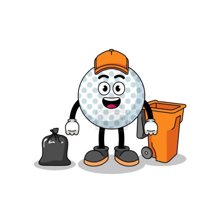 Illustration of golf ball cartoon as a garbage collector , character design