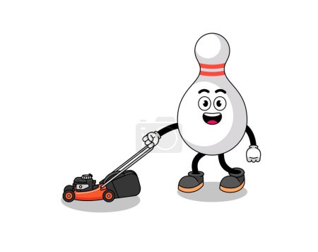 Illustration for Bowling pin illustration cartoon holding lawn mower , character design - Royalty Free Image
