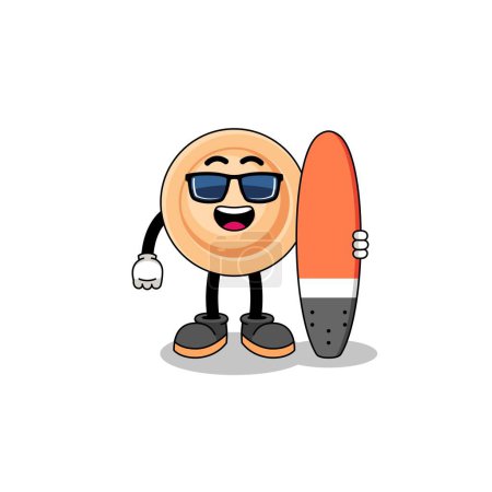 Téléchargez les illustrations : Mascotte de dessin animé de bouton comme un surfeur, character design - en licence libre de droit