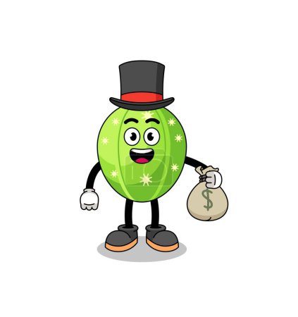 cactus mascot illustration rich man holding a money sack , character design