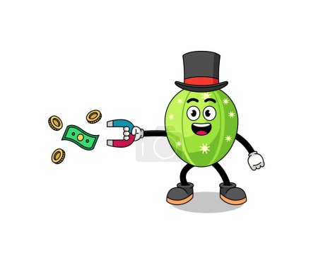 Character Illustration of cactus catching money with a magnet , character design