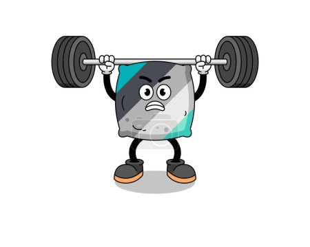 Illustration for Throw pillow mascot cartoon lifting a barbell , character design - Royalty Free Image