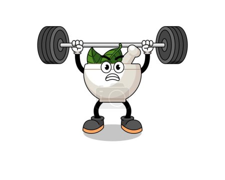 Illustration for Herbal bowl mascot cartoon lifting a barbell , character design - Royalty Free Image