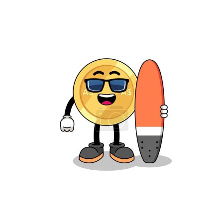 Illustration for Mascot cartoon of australian dollar as a surfer , character design - Royalty Free Image