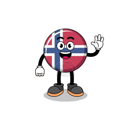 Ilustración de Norway bandera de dibujos animados haciendo gesto mano ola, diseño de personajes - Imagen libre de derechos