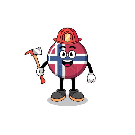 Téléchargez les illustrations : Mascotte de dessin animé de pompier drapeau norway, character design - en licence libre de droit