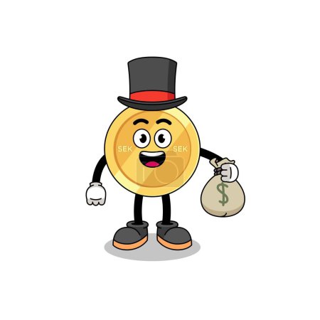 Ilustración de Mascota de corona sueca ilustración hombre rico sosteniendo un saco de dinero, diseño de carácter - Imagen libre de derechos