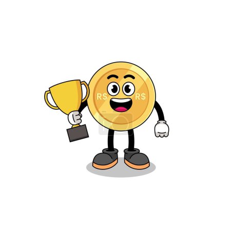 Illustration for Cartoon mascot of brazilian real holding a trophy , character design - Royalty Free Image