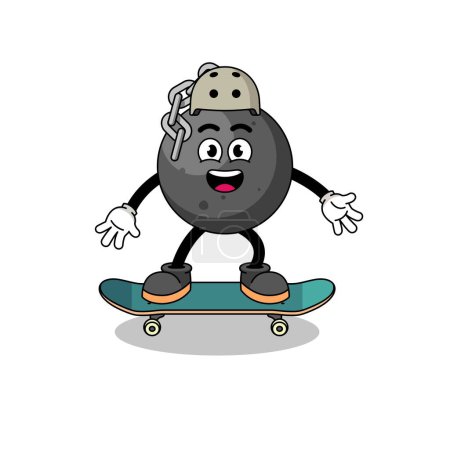 Ilustración de Bola de demolición mascota jugando un monopatín, diseño de personajes - Imagen libre de derechos