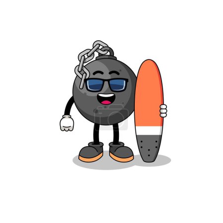 Ilustración de Mascota de dibujos animados de demolición de la bola como surfista, diseño de personajes - Imagen libre de derechos