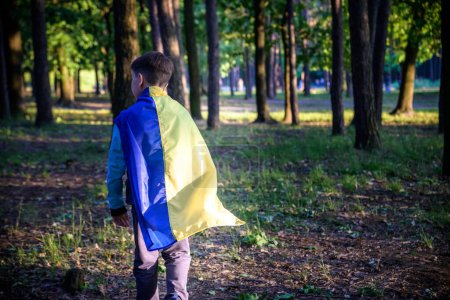 Worried teenager patriot wear blue yellow Ukrainian flag on his shoulders. Spring nature background. Ukraine national symbol. Patriotism.