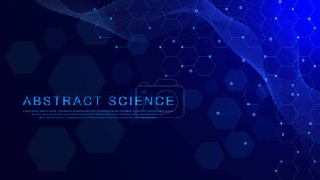 Abstract hexagonal molecule with particles background for scientific, medicine, chemistry, chemical, science and technology backdrop. Vector illustration.