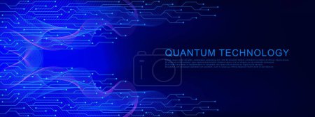 Illustration for Quantum computer technology with modern circuit board texture and wave flow. Abstract futuristic blue electronic circuit board on dark blue background. Vector illustration. - Royalty Free Image