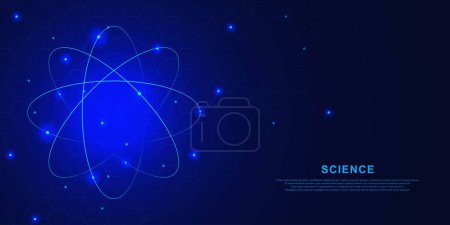 Téléchargez les illustrations : Hologramme atome nucléaire avec structure moléculaire pour la science et la technologie concept sur fond bleu foncé. Illustration vectorielle. - en licence libre de droit