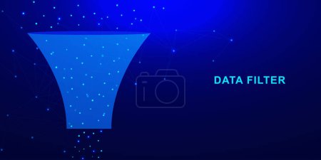 Data flow with digital funnel. Customer conversion process, sale strategy, data filter, client flow, lead generation and web marketing concept on dark blue background. Vector illustration.