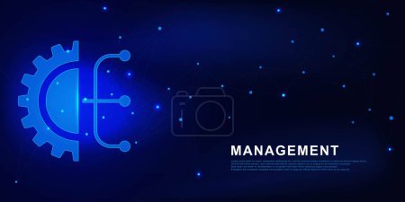 Digitales Managementkonzept mit Zeichensymbol und Verbindungslinien auf blauem Technologiehintergrund. Vektorillustration.
