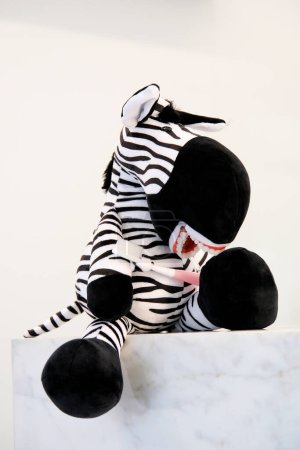 Zebra-Stofftier zur Demonstration des richtigen Zähneputzens in den Händen von Spielzeugzahnbürste im Mund falsche Zähne Zahnmedizin zu Hause Unterhaltung für Kinder Kinderzahnmedizin