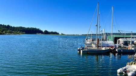 Foto de Yates y barcos de pie en el lado derecho de la foto en el cielo marino izquierdo viaje cálido verano tranquilo océano Pacífico en la orilla de Vancouver Island vista desde la isla de Danman. - Imagen libre de derechos