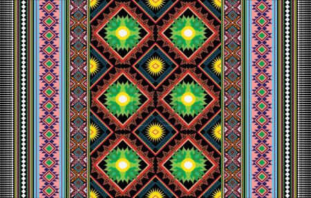Illustration for Sacral tribal ethnic motifs geometric vector background. Beautiful gypsy geometric shapes sprites tribal motifs clothing fabric textile print traditional design with triangles - Royalty Free Image