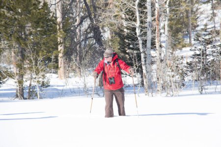 Photo for Man in red jacket snow shoeing - Royalty Free Image