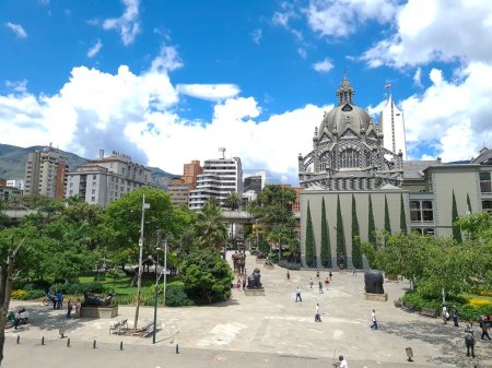 Photo for Medellin, Antioquia, Colombia. July 8, 2020: Panoramic landscape of Plaza Botero in the center of the city with blue sky. - Royalty Free Image