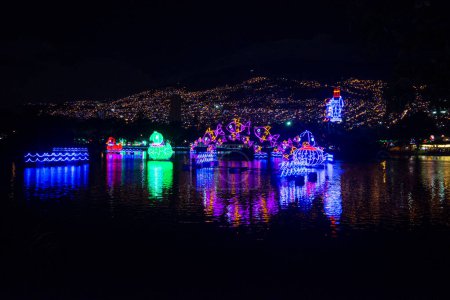 Christmas lights with figures for family celebration. Medellin, Antiquia, Colombia.