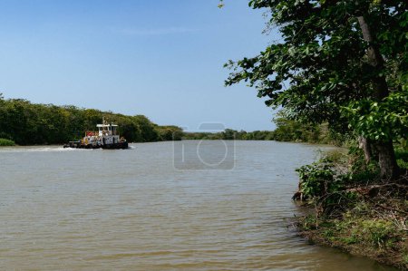 Photo for Boats on the river with natural panoramic landscape. Uraba, Colombia. - Royalty Free Image