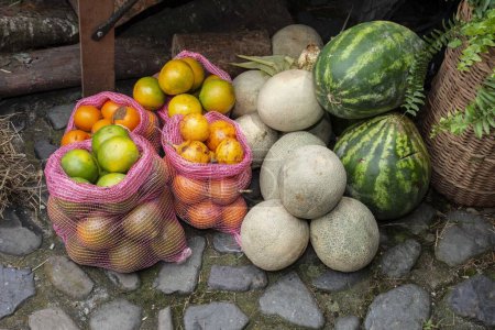 Photo for Colorful fruits and vegetables in the foreground. - Royalty Free Image