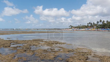 Foto de Porto de Galinhas, Ipojuca, Brasil. 16 de septiembre de 2019: Playa con sombrillas de colores, cielo azul y palmeras. - Imagen libre de derechos