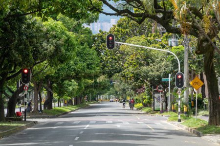 Foto de Medellin, Antioquia, Colombia. July 20, 2020: Nutibara avenue with green corridor in quarantine days. - Imagen libre de derechos