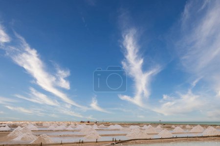 Foto de Paisaje de Salinas de Manaure con cielo azul en Cabo de la Vela. Guajira, Colombia. - Imagen libre de derechos