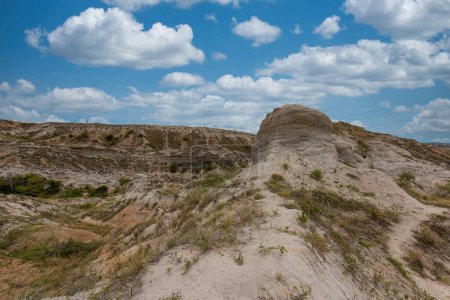 Panoramic landscape on the Los Hoyos trail. Dunes and mountains that form labyrinths. Desierto de la Tatacoa, Colombia.