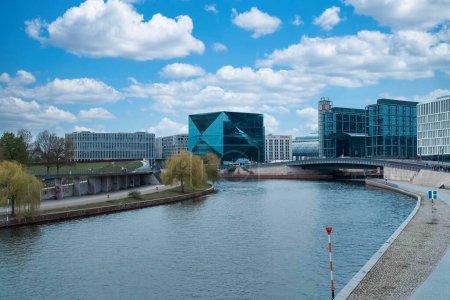 Berlin, Germany: April 20, 2022: 3XN CUBE BERLIN and view of the Spree river museum.